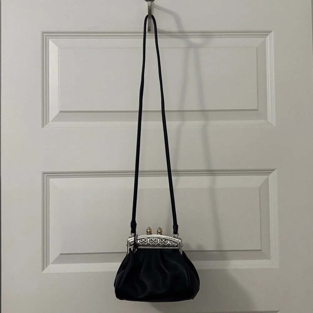 VTG Brighton black mini bag w/magnetic closure ornate silver & gold soft leather - Picture 9 of 10